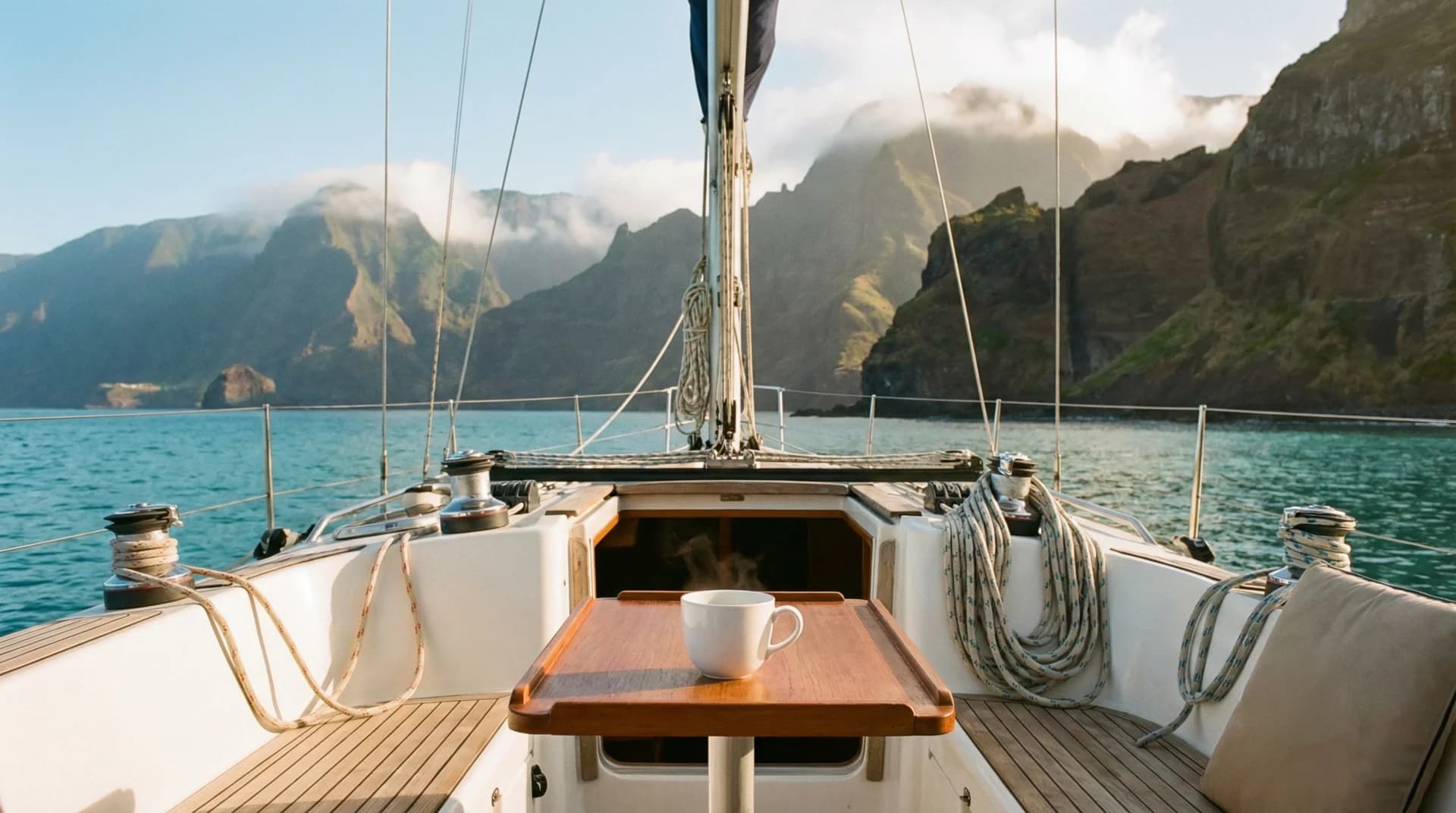 Sunrise over the Atlantic Ocean from a yacht anchored off Madeira
