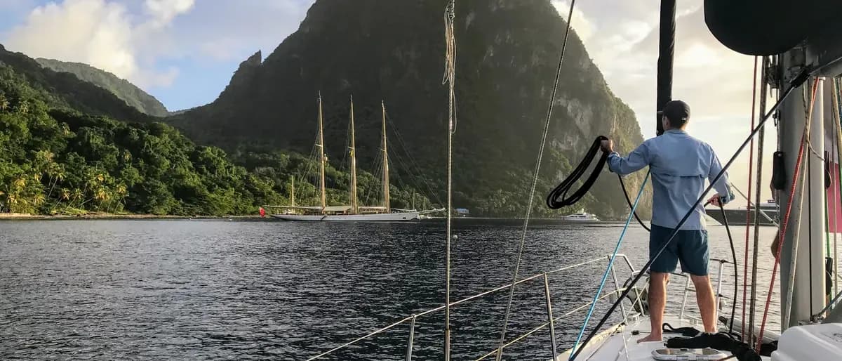 Crew on deck at anchor below the Pitons, St. Lucia