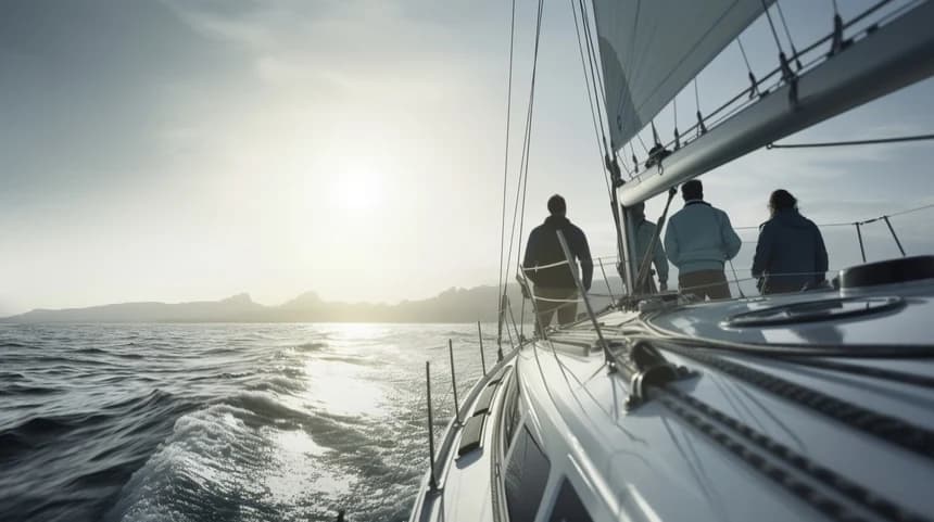 Confident skipper at the helm of a charter yacht in crystal blue waters
